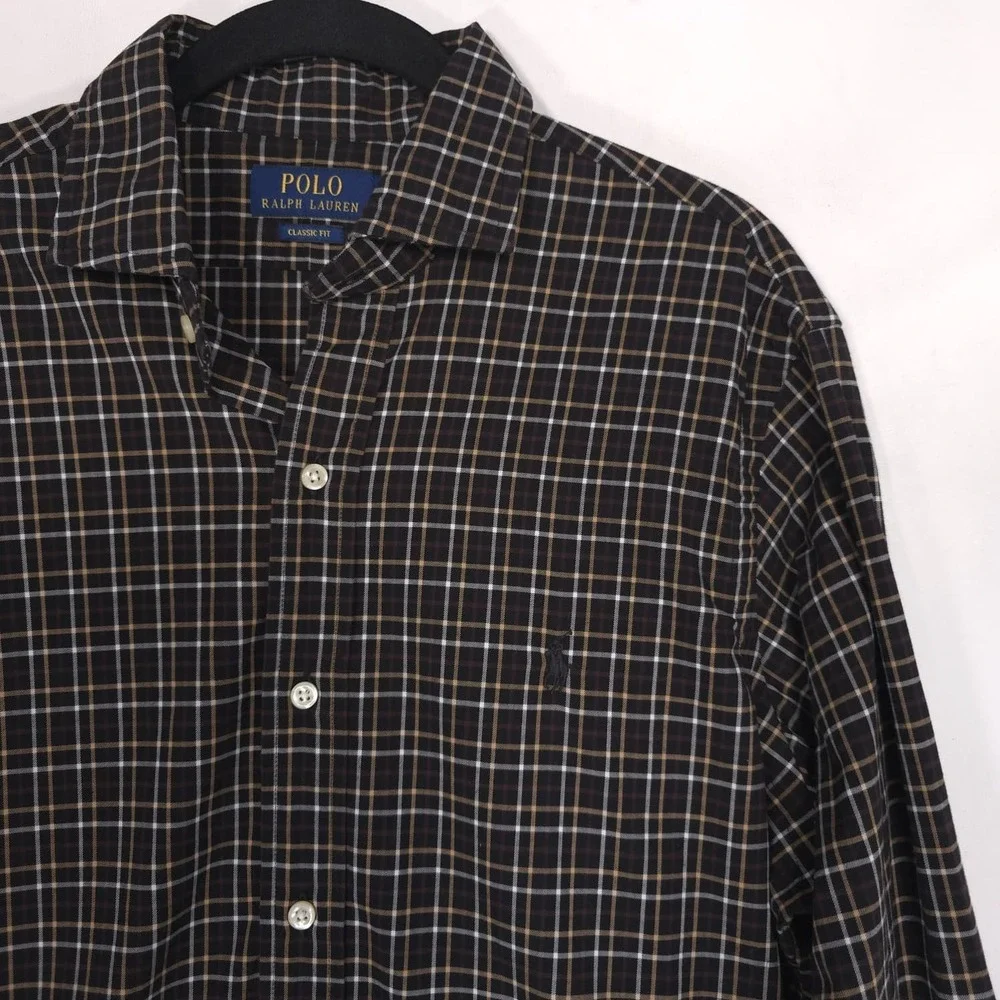 POLO RALPH LAUREN Plaid MEDIUM Shirt Classic Fit Brown Black‎ 100% Cotton